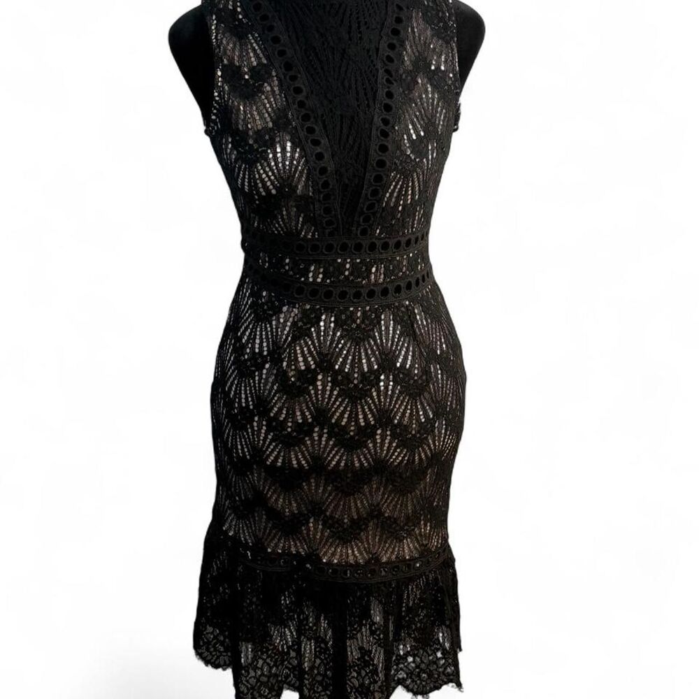 Vintage Coquette Dark Academia Black Crochet Lace Fan Dress Eyelet Trim Detail